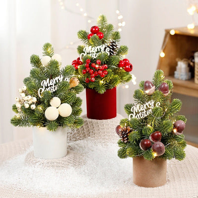 HKM-561107 Mini Desktop Christmas Tree with LED Pine Cone Ornaments, 32cm, Plastic, Red/Champagne/Dark Brown