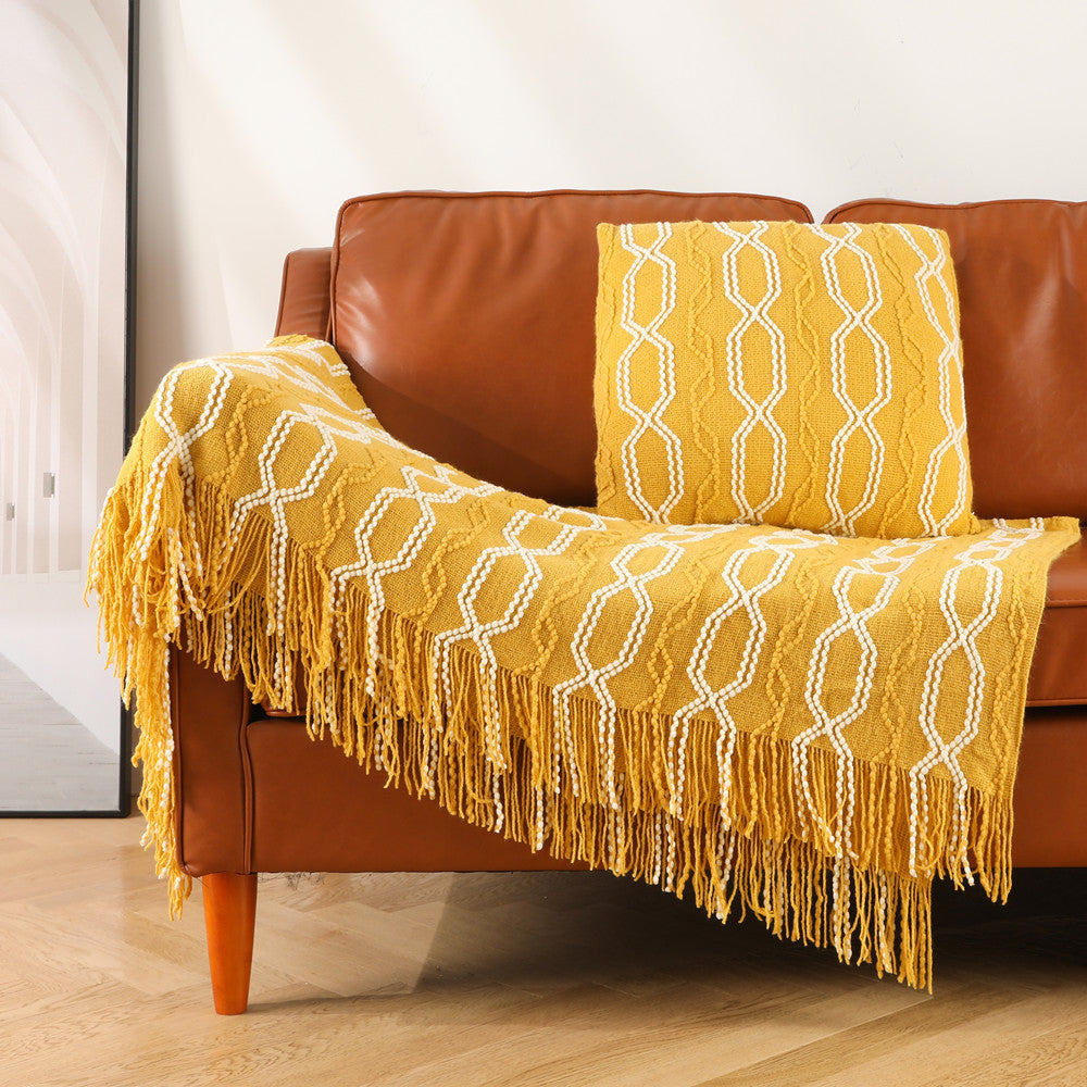 HKM-561299 Cozy Knitted Chenille Blanket Shawl - Bohemian Style Sofa Cover in Gray, Orange, Beige, Dark Green, Turmeric