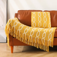 HKM-561299 Cozy Knitted Chenille Blanket Shawl - Bohemian Style Sofa Cover in Gray, Orange, Beige, Dark Green, Turmeric