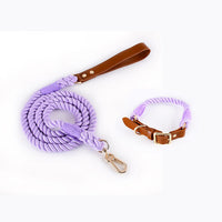 HKM-5613885 Woven Cotton Rope and Leather Dog Collar and Leash Set in Various Colors