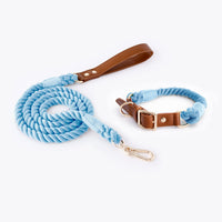 HKM-5613885 Woven Cotton Rope and Leather Dog Collar and Leash Set in Various Colors