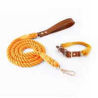 HKM-5613885 Woven Cotton Rope and Leather Dog Collar and Leash Set in Various Colors