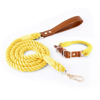 HKM-5613885 Woven Cotton Rope and Leather Dog Collar and Leash Set in Various Colors