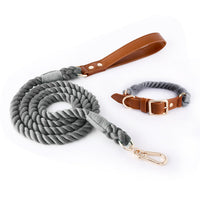 HKM-5613885 Woven Cotton Rope and Leather Dog Collar and Leash Set in Various Colors