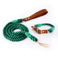 HKM-5613885 Woven Cotton Rope and Leather Dog Collar and Leash Set in Various Colors