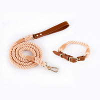 HKM-5613885 Woven Cotton Rope and Leather Dog Collar and Leash Set in Various Colors