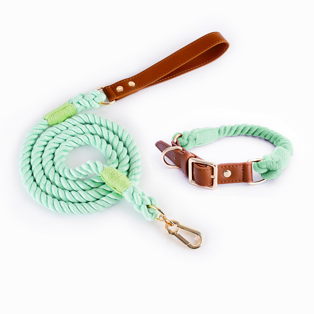 HKM-5613885 Woven Cotton Rope and Leather Dog Collar and Leash Set in Various Colors