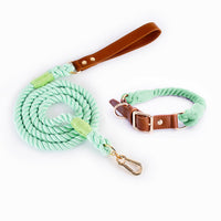 HKM-5613885 Woven Cotton Rope and Leather Dog Collar and Leash Set in Various Colors