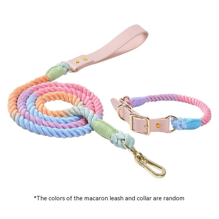 HKM-5613885 Woven Cotton Rope and Leather Dog Collar and Leash Set in Various Colors