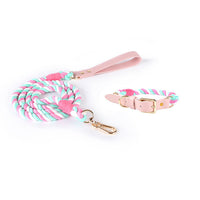 HKM-5613885 Woven Cotton Rope and Leather Dog Collar and Leash Set in Various Colors
