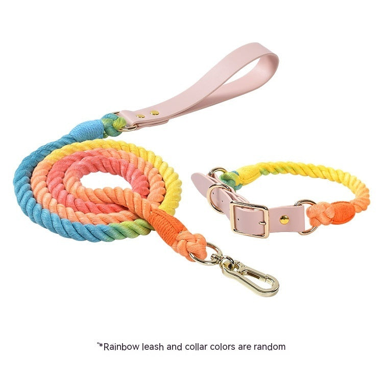 HKM-5613885 Woven Cotton Rope and Leather Dog Collar and Leash Set in Various Colors