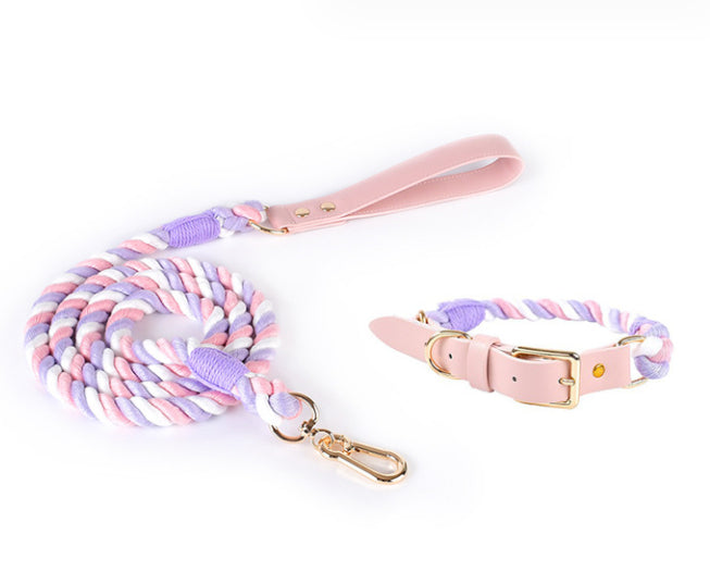 HKM-5613885 Woven Cotton Rope and Leather Dog Collar and Leash Set in Various Colors
