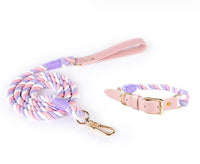 HKM-5613885 Woven Cotton Rope and Leather Dog Collar and Leash Set in Various Colors