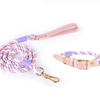 HKM-5613885 Woven Cotton Rope and Leather Dog Collar and Leash Set in Various Colors