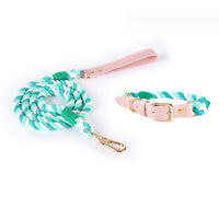 HKM-5613885 Woven Cotton Rope and Leather Dog Collar and Leash Set in Various Colors
