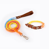 HKM-5613885 Woven Cotton Rope and Leather Dog Collar and Leash Set in Various Colors
