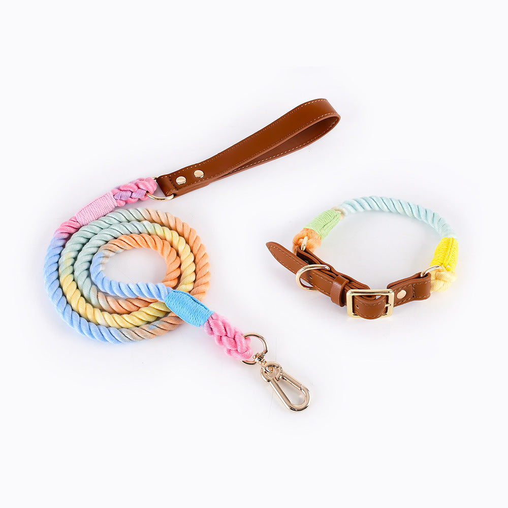 HKM-5613885 Woven Cotton Rope and Leather Dog Collar and Leash Set in Various Colors