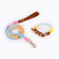 HKM-5613885 Woven Cotton Rope and Leather Dog Collar and Leash Set in Various Colors