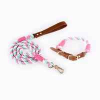 HKM-5613885 Woven Cotton Rope and Leather Dog Collar and Leash Set in Various Colors