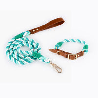 HKM-5613885 Woven Cotton Rope and Leather Dog Collar and Leash Set in Various Colors
