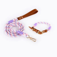 HKM-5613885 Woven Cotton Rope and Leather Dog Collar and Leash Set in Various Colors
