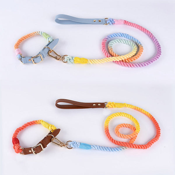 HKM-5613885 Woven Cotton Rope and Leather Dog Collar and Leash Set in Various Colors