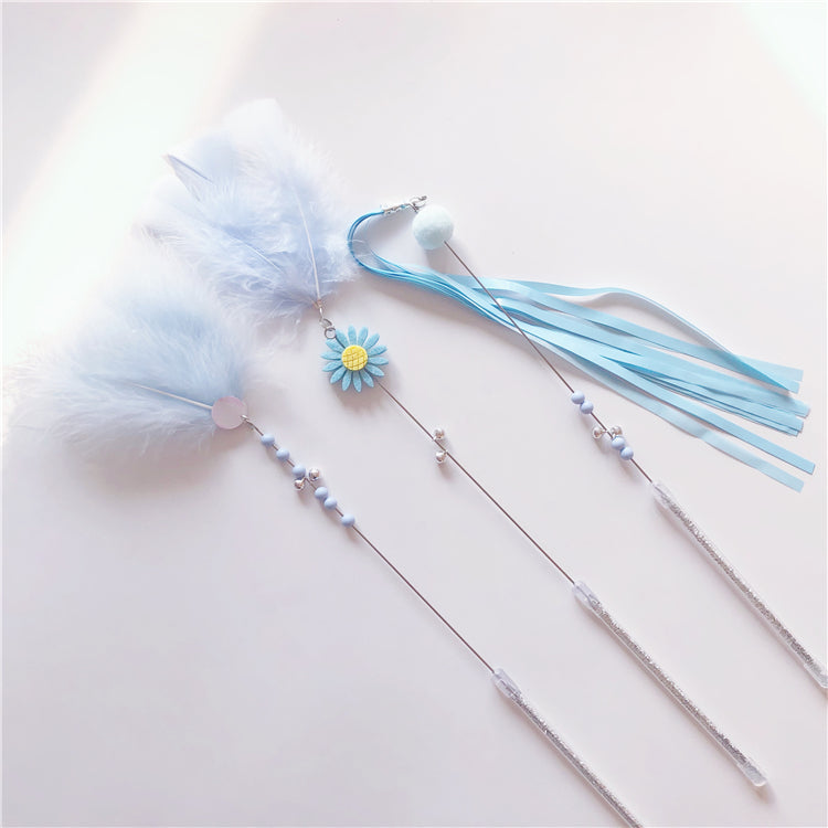 HKM-5614909 Feather Cat Teaser Wand Toy with Long Tassels and Bells - Set of 3