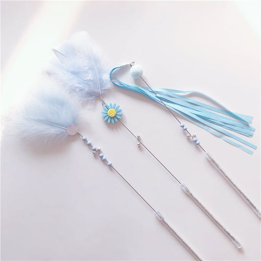 HKM-5614909 Feather Cat Teaser Wand Toy with Long Tassels and Bells - Set of 3