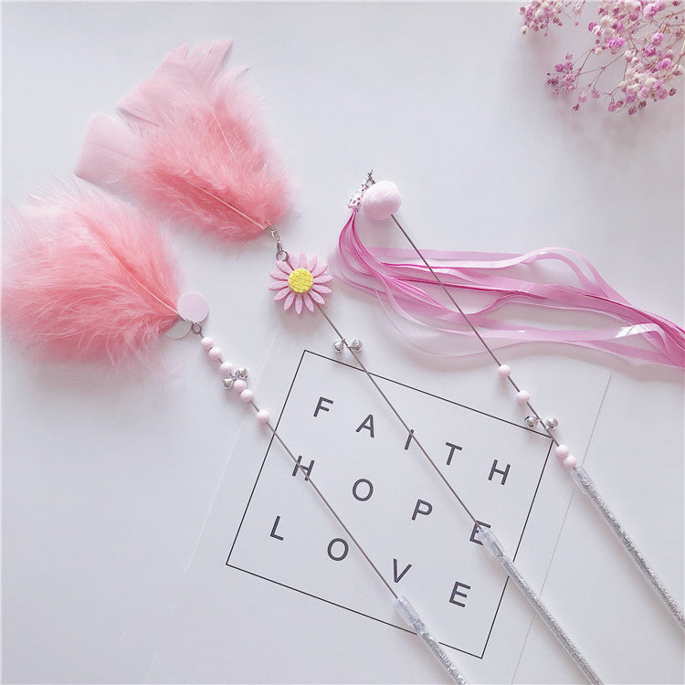 HKM-5614909 Feather Cat Teaser Wand Toy with Long Tassels and Bells - Set of 3
