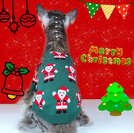 HKM-5617853 Schnauzer Teddy Winter Christmas Sweater in Green with Santa Claus Pattern
