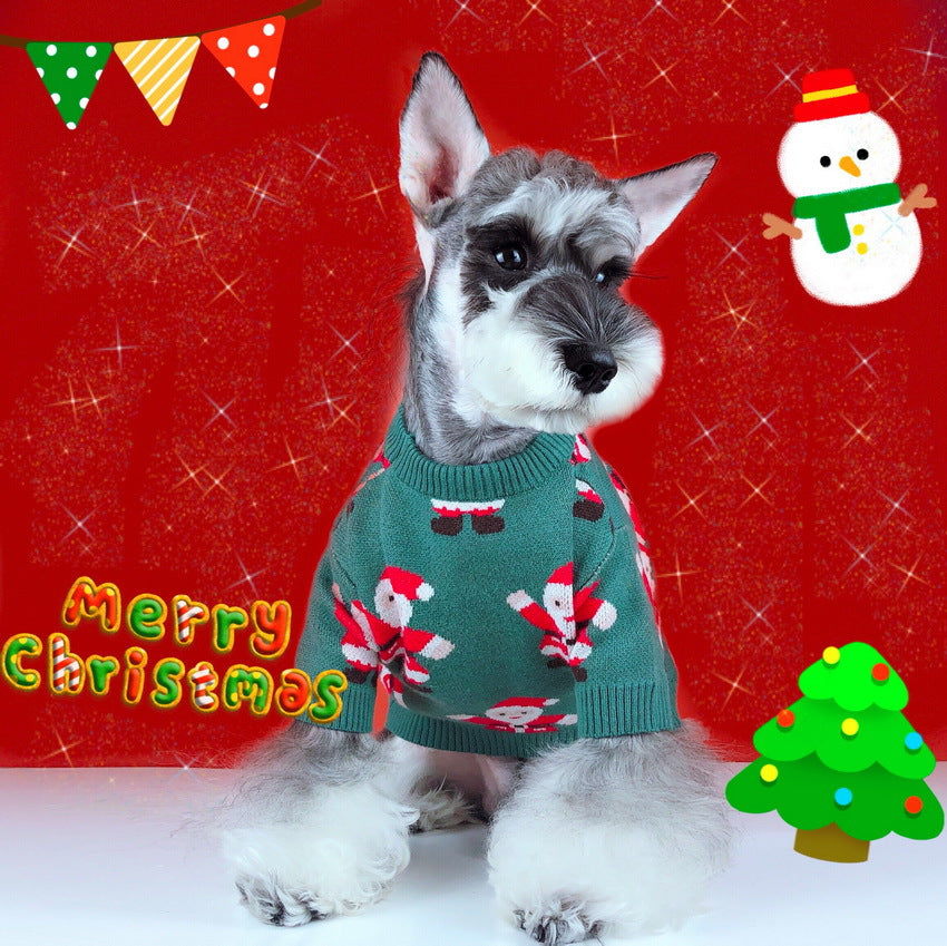HKM-5617853 Schnauzer Teddy Winter Christmas Sweater in Green with Santa Claus Pattern