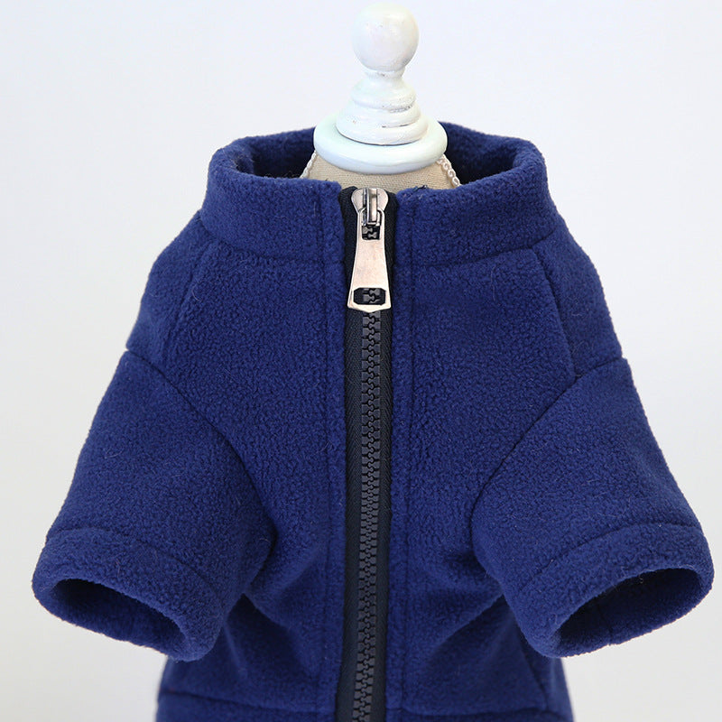HKM-5618237 Winter Warm Dog Clothing - Pocket Zipper Two-Legged Shirt - Thick Fleece Fabric - Available in Khaki and Blue, Sizes S to XXL