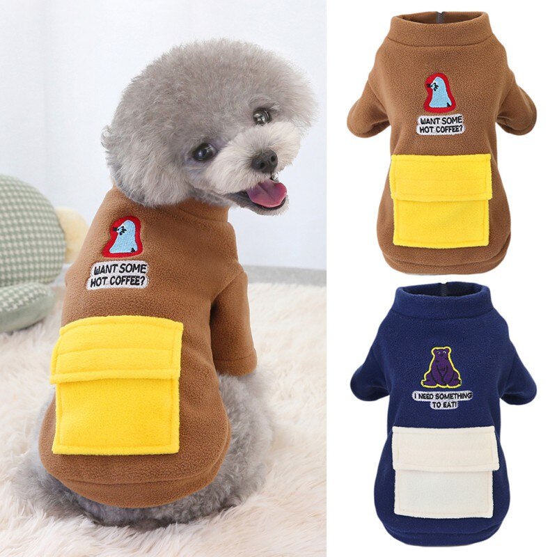 HKM-5618237 Winter Warm Dog Clothing - Pocket Zipper Two-Legged Shirt - Thick Fleece Fabric - Available in Khaki and Blue, Sizes S to XXL