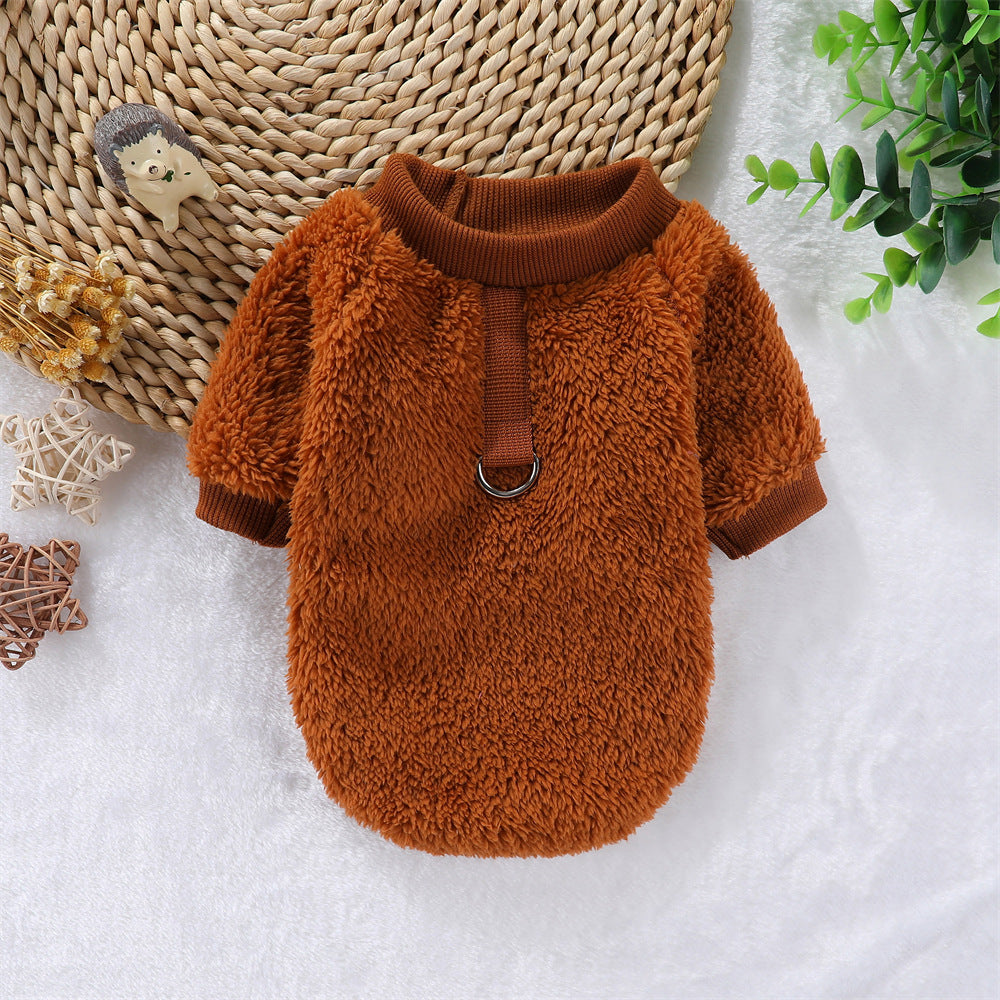 HKM-5620413 Hooded Double-Sided Fleece Dog Clothes in Various Colors with Traction Rope Clip