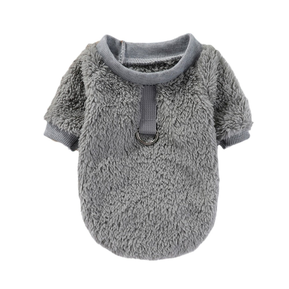 HKM-5620413 Hooded Double-Sided Fleece Dog Clothes in Various Colors with Traction Rope Clip