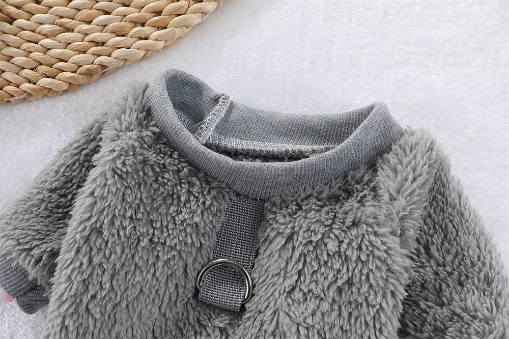 HKM-5620413 Hooded Double-Sided Fleece Dog Clothes in Various Colors with Traction Rope Clip