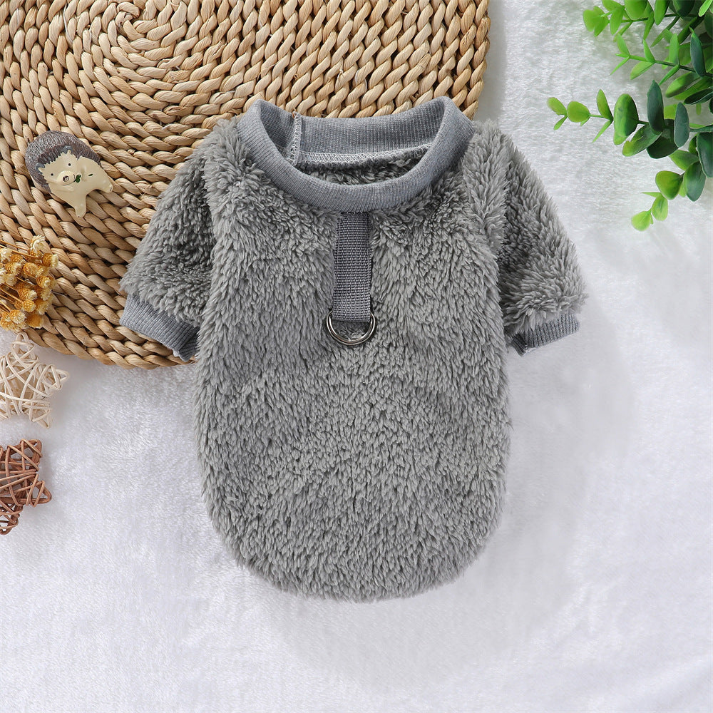HKM-5620413 Hooded Double-Sided Fleece Dog Clothes in Various Colors with Traction Rope Clip