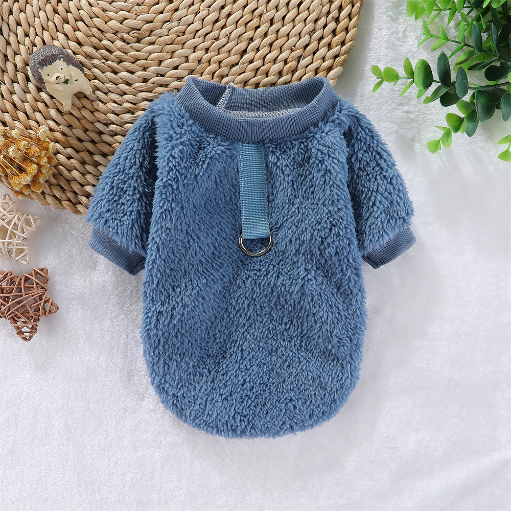 HKM-5620413 Hooded Double-Sided Fleece Dog Clothes in Various Colors with Traction Rope Clip