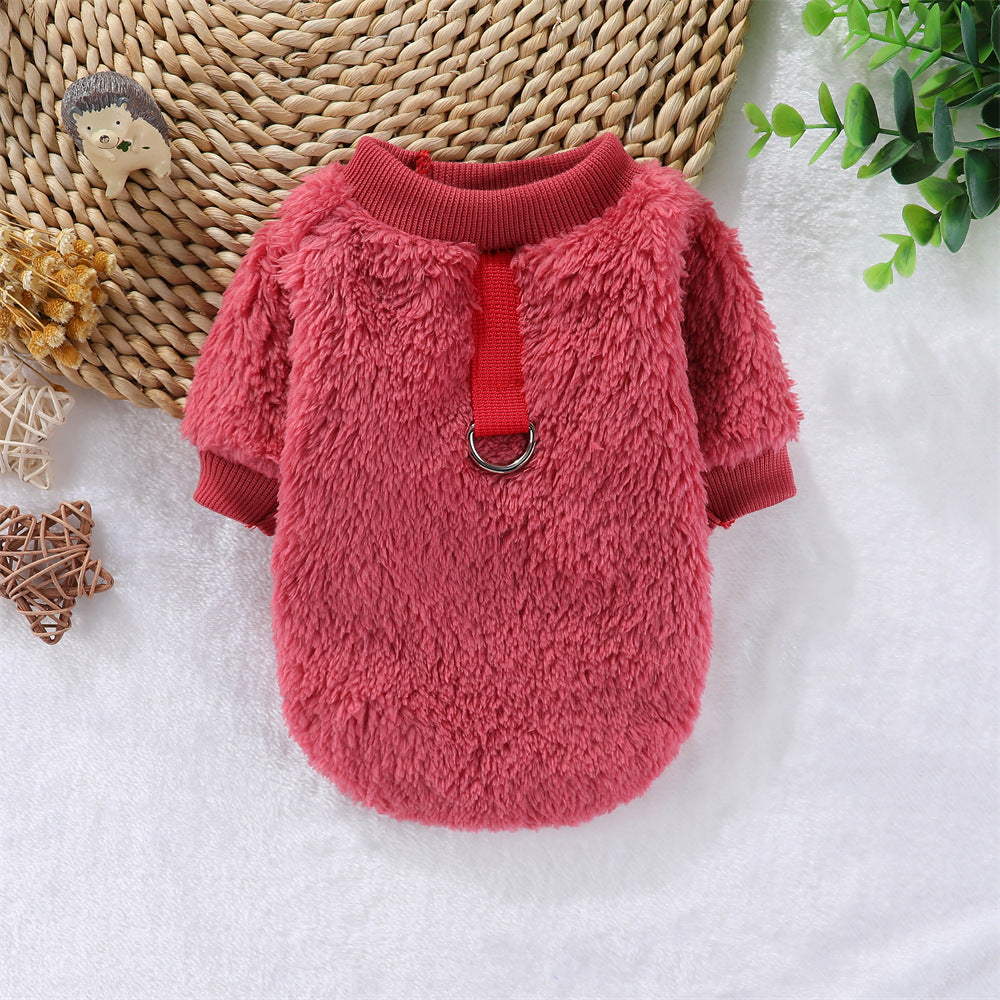 HKM-5620413 Hooded Double-Sided Fleece Dog Clothes in Various Colors with Traction Rope Clip