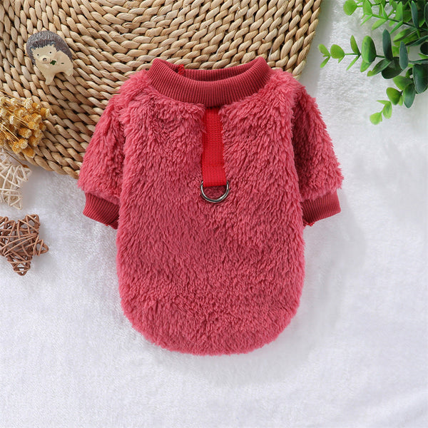 HKM-5620413 Hooded Double-Sided Fleece Dog Clothes in Various Colors with Traction Rope Clip