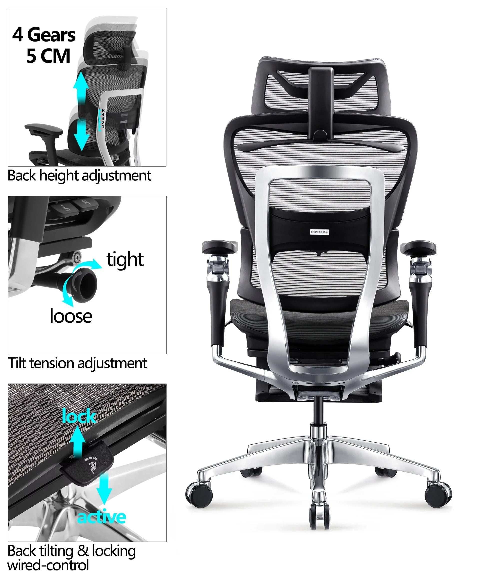 HKM-562067 Ergonomic High Back Mesh Office Chair with Adjustable Footrest and 7D Armrests