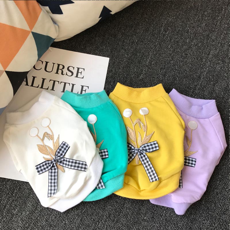 HKM-5623997 Casual Cotton Dog Bow T-Shirt in White and Yellow, Multiple Sizes Available