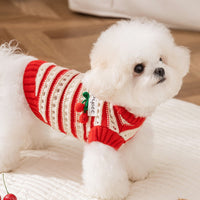 HKM-5630141 Knitted Cherry Pullover Sweater for Small Dogs and Cats, Soft and Warm, Red and White Striped Design