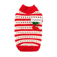 HKM-5630141 Knitted Cherry Pullover Sweater for Small Dogs and Cats, Soft and Warm, Red and White Striped Design