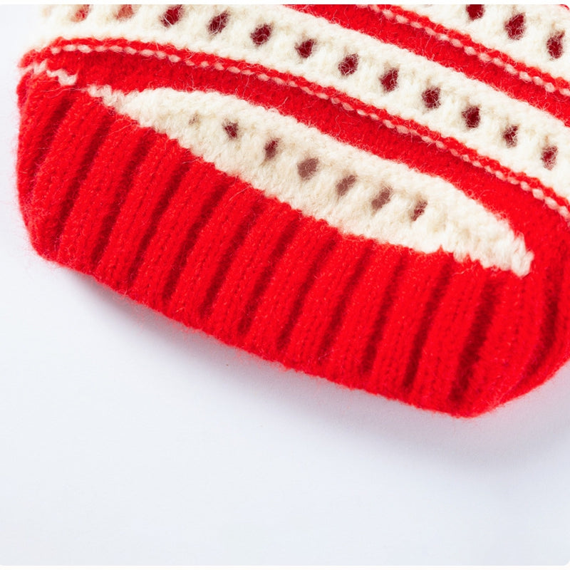 HKM-5630141 Knitted Cherry Pullover Sweater for Small Dogs and Cats, Soft and Warm, Red and White Striped Design