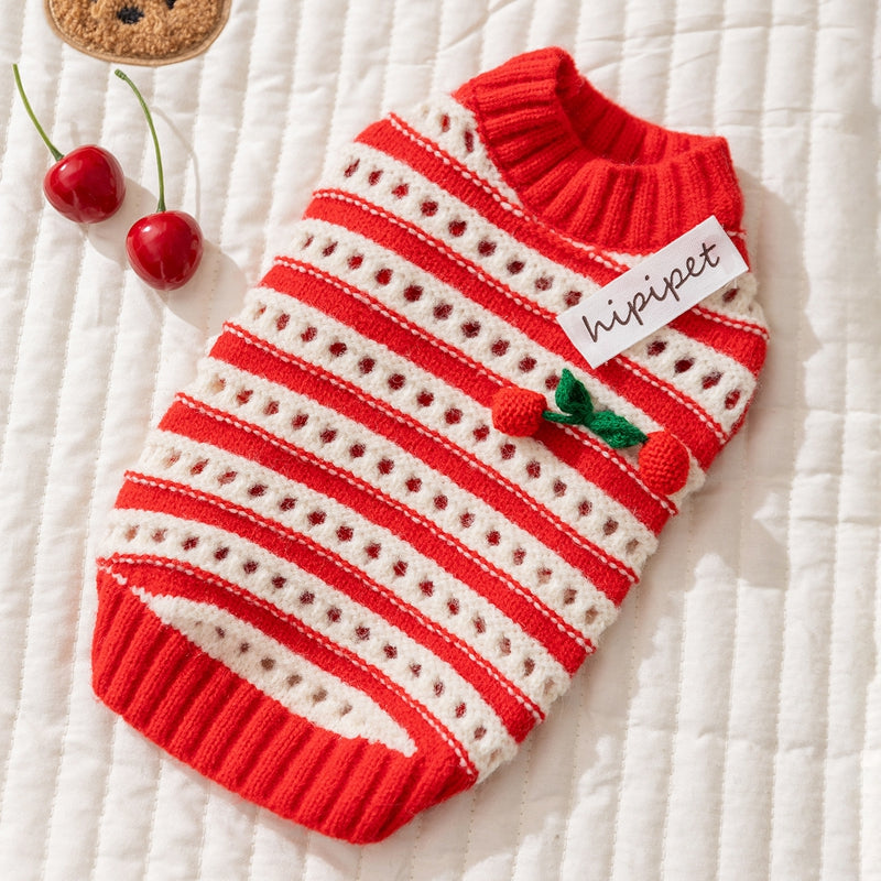 HKM-5630141 Knitted Cherry Pullover Sweater for Small Dogs and Cats, Soft and Warm, Red and White Striped Design