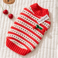 HKM-5630141 Knitted Cherry Pullover Sweater for Small Dogs and Cats, Soft and Warm, Red and White Striped Design