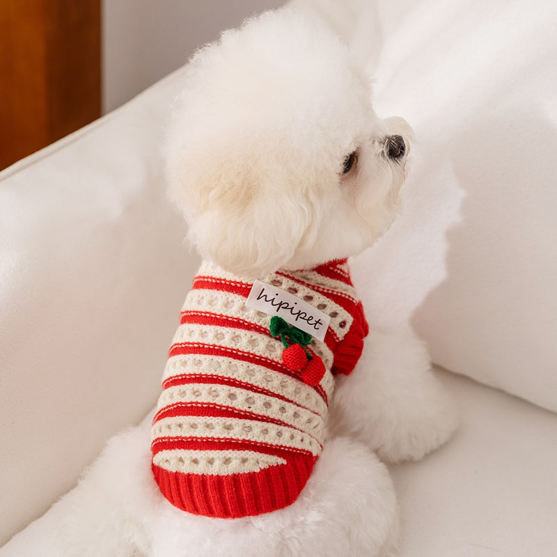 HKM-5630141 Knitted Cherry Pullover Sweater for Small Dogs and Cats, Soft and Warm, Red and White Striped Design