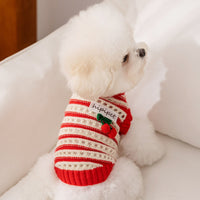 HKM-5630141 Knitted Cherry Pullover Sweater for Small Dogs and Cats, Soft and Warm, Red and White Striped Design