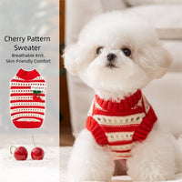 HKM-5630141 Knitted Cherry Pullover Sweater for Small Dogs and Cats, Soft and Warm, Red and White Striped Design